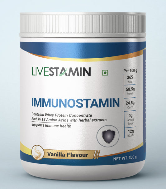 Livestamin Immunostamin, Whey Protein With Ayurvedic Herbs Amalaki, Ashwagandha, Tulasi, Mahabala, Kantakari - 300 Grams (Vanilla Flavour)