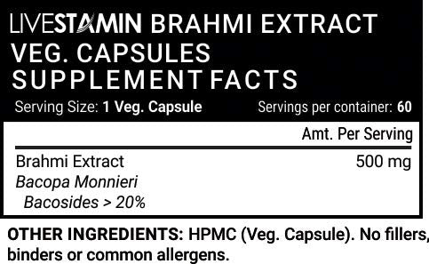 Livestamin Brahmi/Bacopa Monnieri Extract (Bacosides > 20%) Supplement, 500 mg - 60 Vegetarian Capsules