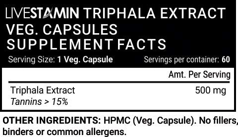 Livestamin Triphala Extract (Tannins >15%) Amlaki, Haritaki and Bibhitaki, Digestion Support Supplement,500 mg - 60 Vegetarian Capsules