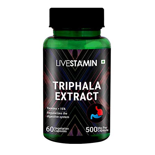 Livestamin Triphala Extract (Tannins >15%) Amlaki, Haritaki and Bibhitaki, Digestion Support Supplement,500 mg - 60 Vegetarian Capsules