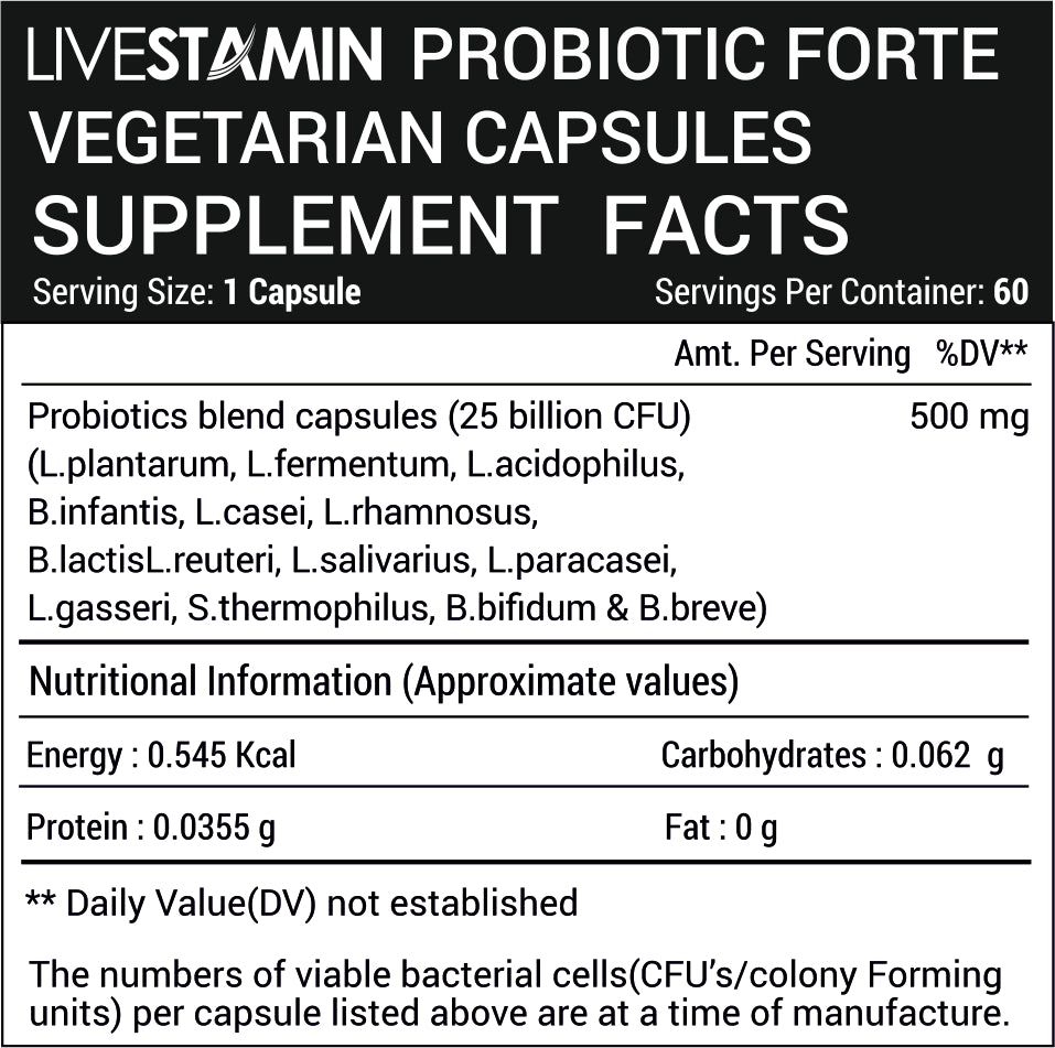 Livestamin Probiotic Forte Supplement 25 Billion Per Capsule With 14 Probiotic Strains – 60 Vegetarian Capsules