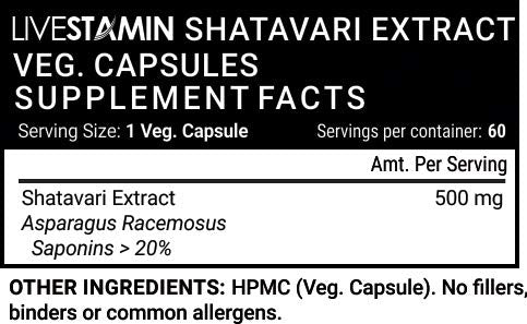 Livestamin Shatavari (Saponins > 20%) Extract, 500 mg - 60 Vegetarian Capsules