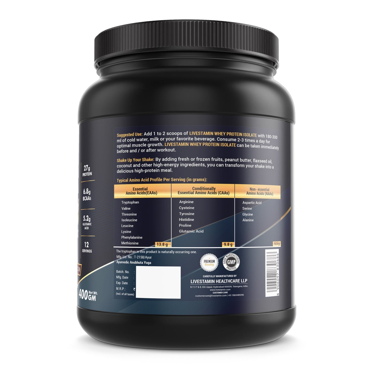 Livestamin 100% Isolate Whey Protein Powder Supplement - 400 grams