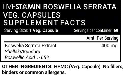 Livestamin Boswellia serrata Extract (Boswellic acid >65%) Joint Supplement, 400 mg - 60 Vegetarian Capsules