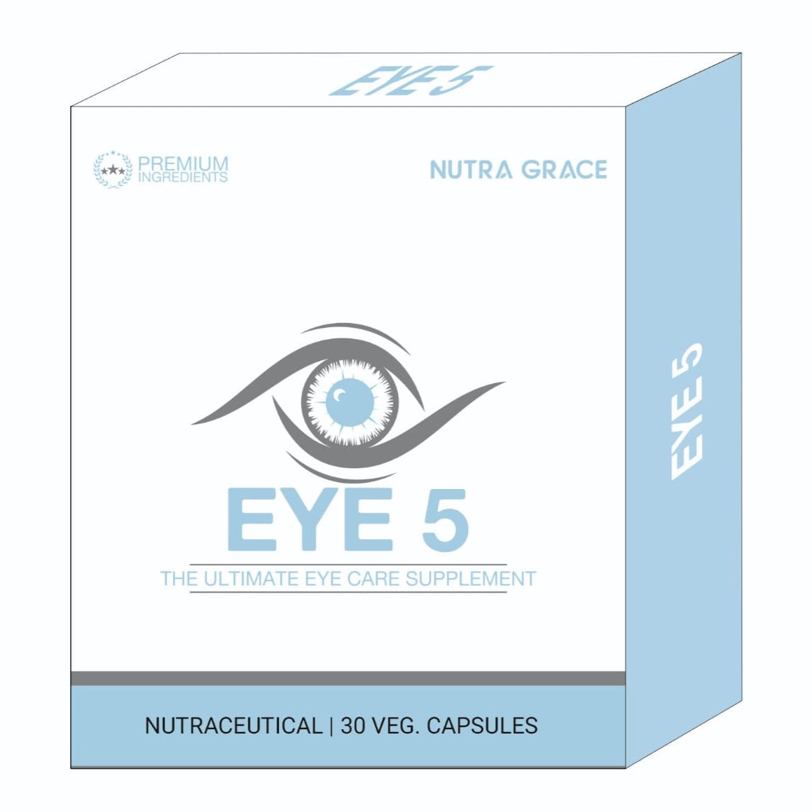 A box of 'EYE - 5' nutritional supplement by Nutra Grace, featuring an eye graphic and text indicating 30 veg capsules inside.