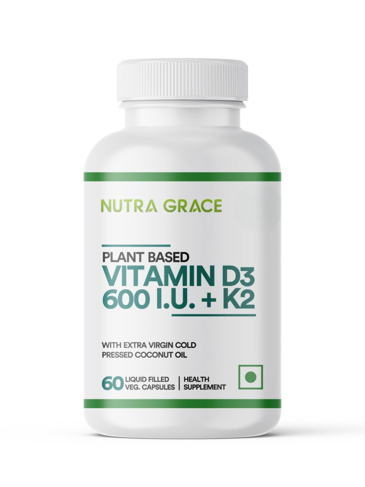 Nutra Grace Plant Based Vitamin D3 K2 Supplement, Lichen Source, 600 IU | 60 Veg. Capsules