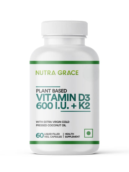 Nutra Grace Plant Based Vitamin D3 K2 Supplement, Lichen Source, 600 IU | 60 Veg. Capsules
