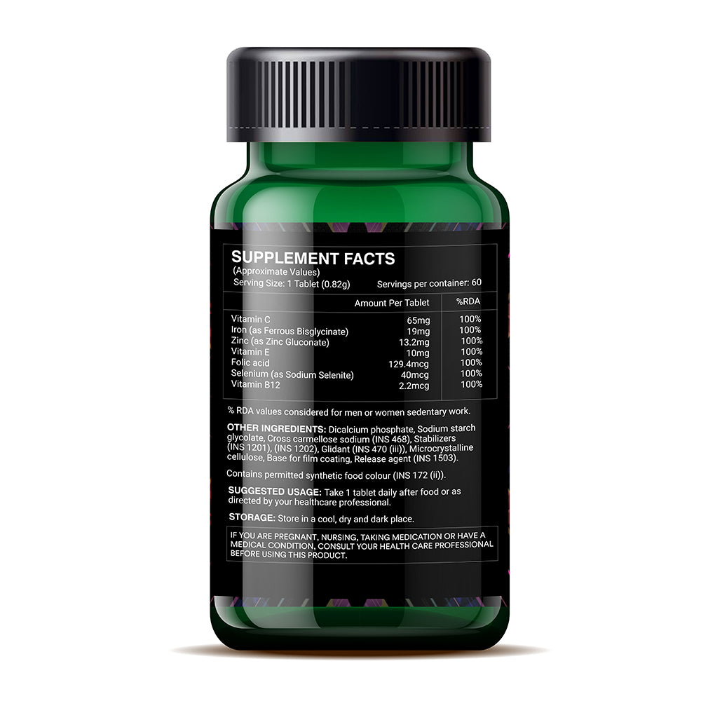 Livestamin Chelated Iron Folic Acid Supplement with Vitamin C, E, B12, Zinc & Selenium|60 Tablets