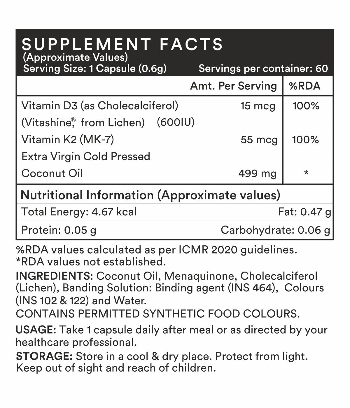 Nutra Grace Plant Based Vitamin D3 K2 Supplement, Lichen Source, 600 IU | 60 Veg. Capsules