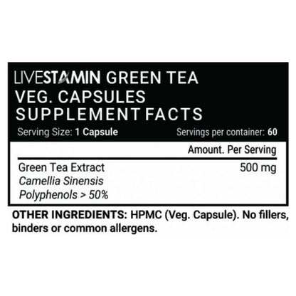 Livestamin Green Tea Extract For Weight Loss (Fat Burner) & Antioxidant with 50% Polyphenols, 500 mg - 60 Vegetarian Capsules
