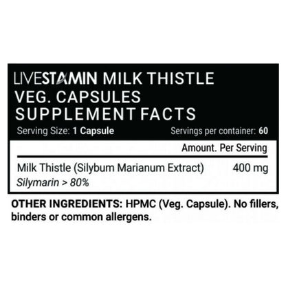 Livestamin Milk Thistle (80% Silymarin) 400mg, 60 Vegetarian Capsules