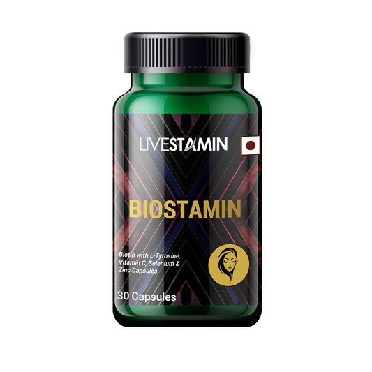 Livestamin Biostamin, Combination of Biotin with L-Tyrosine, Vitamin C, Selenium, Zinc, Iron, Folic acid and Vitamin B12-30 Capsules