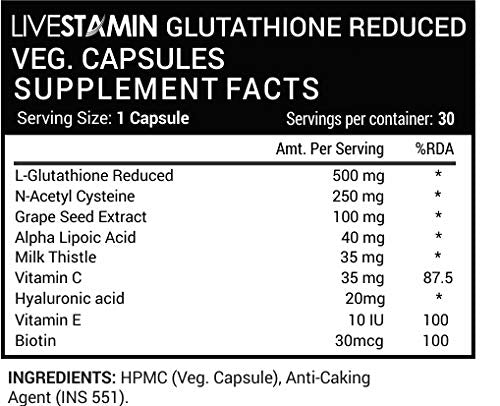 Livestamin L-Glutathione Reduced with Vitamin C, Biotin, Grapeseed extract, 30 Veg. Capsules