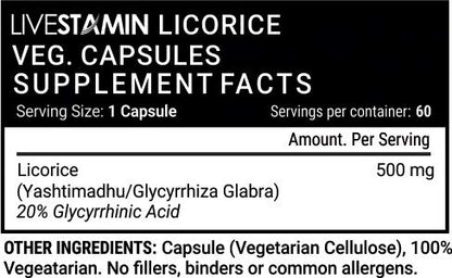 Livestamin Licorice (Yastimadhu) Glycyrrhiza Glabra - 500 mg (60 Vegetarian Capsules)