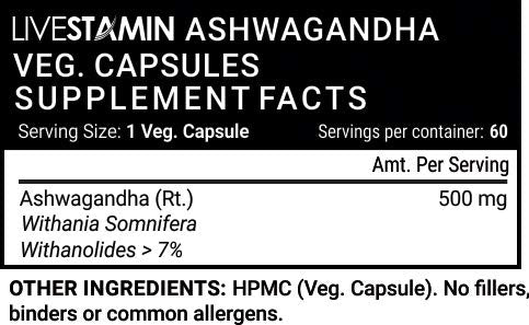 Livestamin Ashwagandha Extract Supplement (Withanolides >7%) 500 mg - 60 Vegetarian Capsules