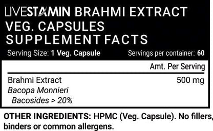 Livestamin Brahmi/Bacopa Monnieri Extract (Bacosides > 20%) Supplement, 500 mg - 60 Vegetarian Capsules
