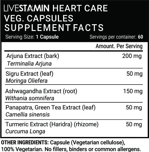 Livestamin Heart Care Supplement, Arjuna, Moringa, Ashwagandha, Green Tea, Curcumin - 60 Vegetarian Capsules