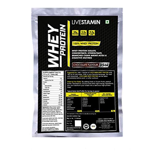 Livestamin Whey Protein Powder 35 grams Sachet - Chocolate Flavour, Sports Nutrition Bodybuilding Supplement - 30 Sachets Box