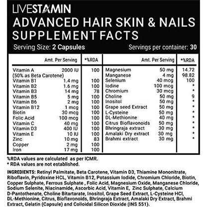 Livestamin Advanced Hair, Skin and Nails Supplements with Biotin Amino acids & Herbal Extracts - 60 Capsules
