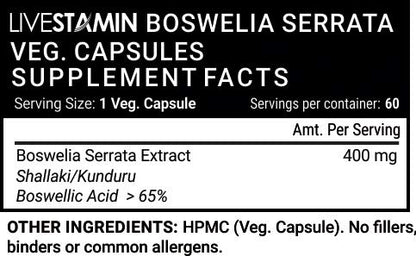 Livestamin Boswellia serrata Extract (Boswellic acid >65%) Joint Supplement, 400 mg - 60 Vegetarian Capsules
